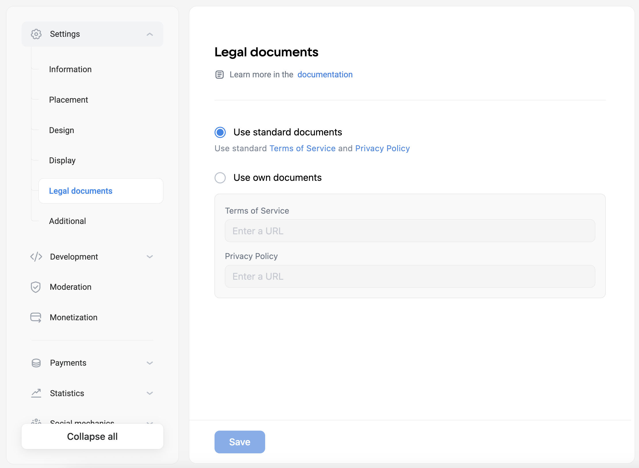 Example of the section Settings | Legal documents